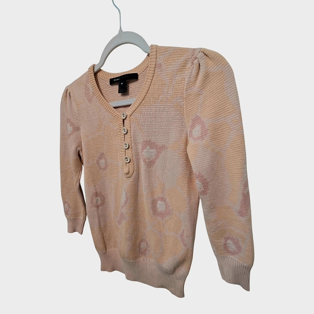 Marc By Marc Jacobs Y2K Floral Knit Henley Sweater Medium Pink Cream Coquette - Picture 5 of 15